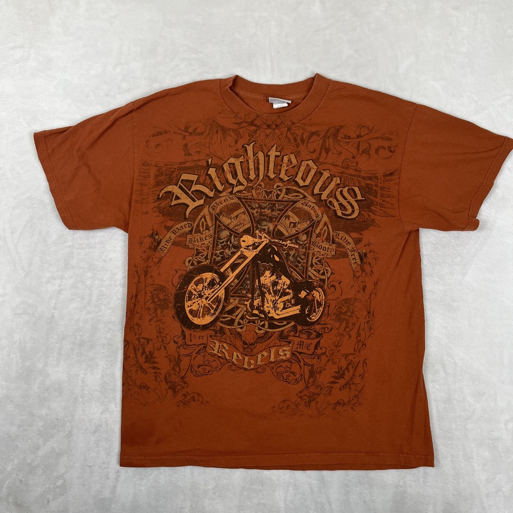 Vintage Righteous Rebels Motorcycle T-Shirt Mens Large Orange Biker Y2K